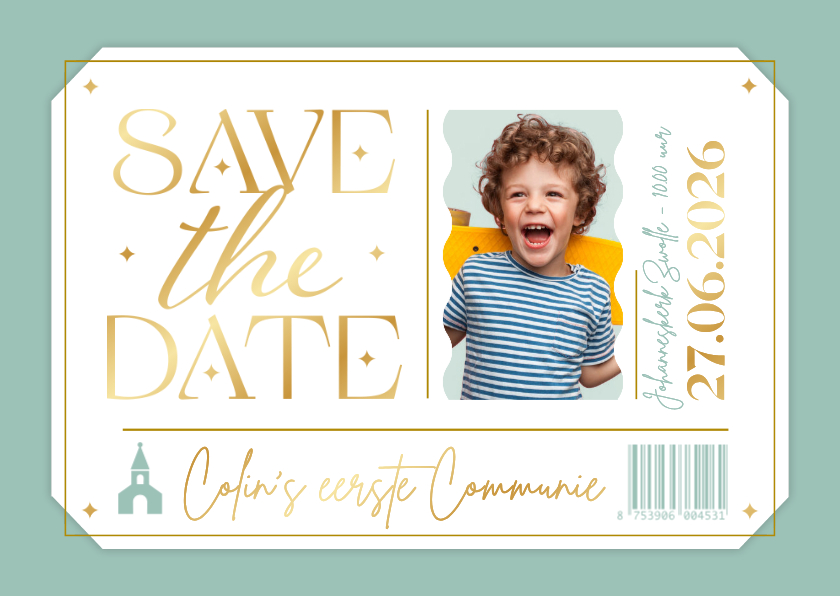 Communiekaarten - Ticket uitnodigingskaart communie stijlvol modern goud foto