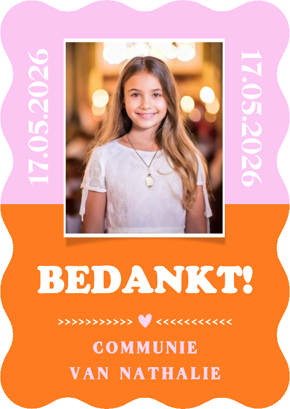 Communiekaarten - Trendy bedankkaartje communie meisje met golvende rand 