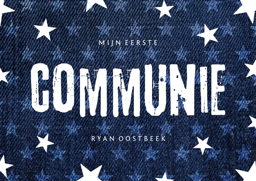 Uitnodiging communie denim stoer met sterren - Communiekaarten Communiekaarten - Uitnodiging communie denim stoer met sterren