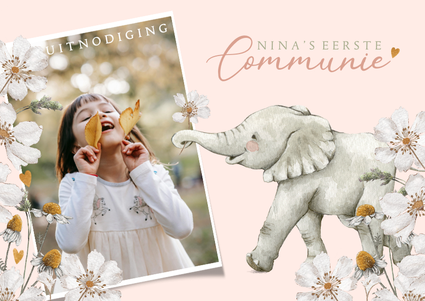 Communiekaarten - Uitnodiging communie feest met olifantje en bloemen