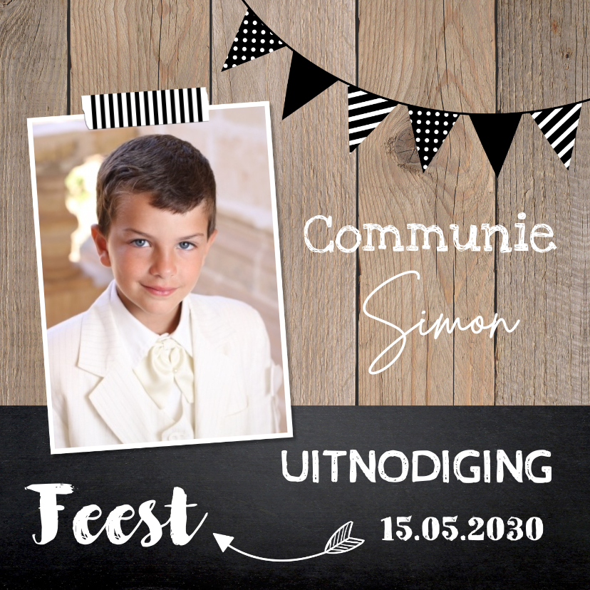 Uitnodiging communie foto slinger hout krijtbord - Communiekaarten Communiekaarten - Uitnodiging communie foto slinger hout krijtbord