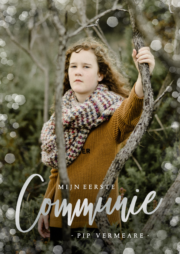 Uitnodiging communie fotokaart met zilveren letters - Communiekaarten Communiekaarten - Uitnodiging communie fotokaart met zilveren letters