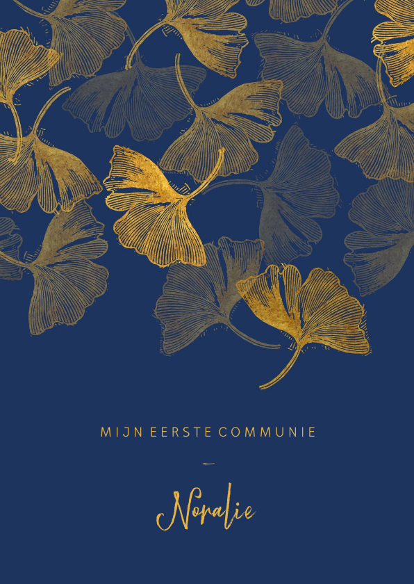 Uitnodiging communie ginkgoblad stempel foto binnen - Communiekaarten Communiekaarten - Uitnodiging communie ginkgoblad stempel foto binnen
