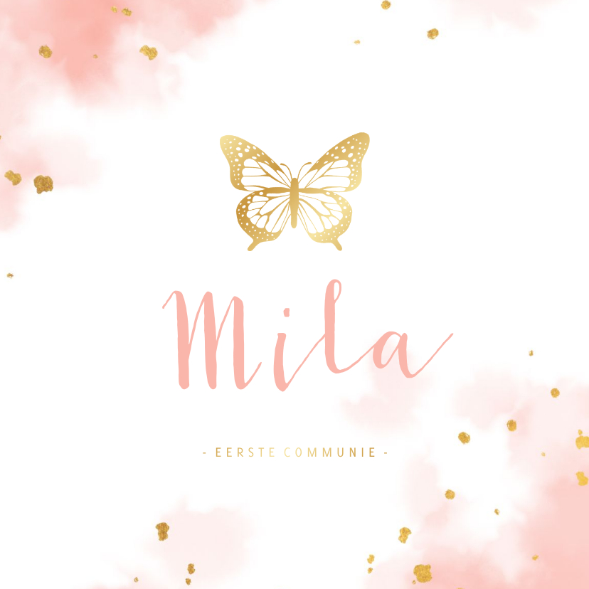 Communiekaarten - Uitnodiging communie gouden vlinder met waterverf
