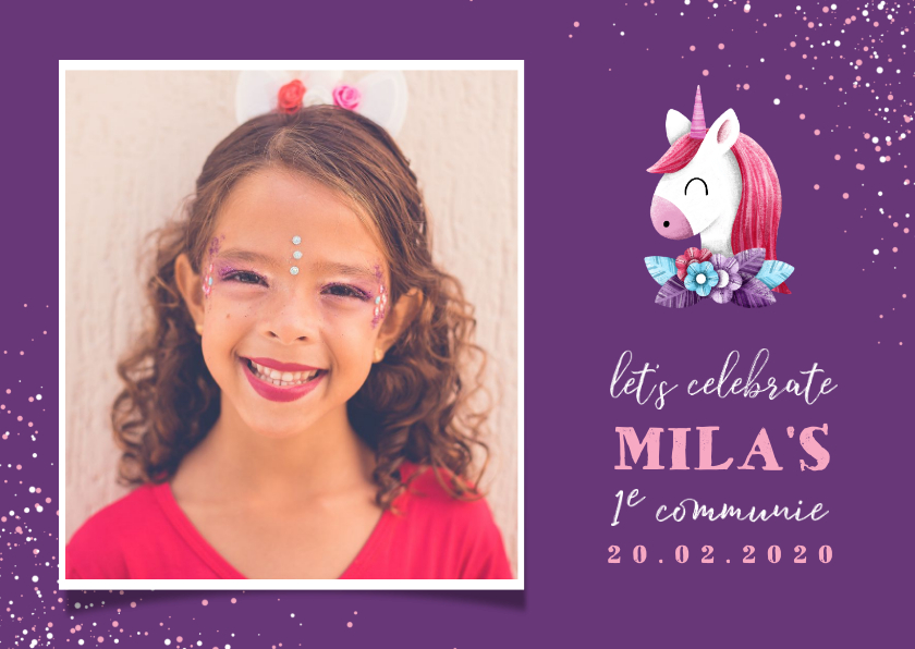 Communiekaarten - Uitnodiging communie grote foto met unicorn en confetti