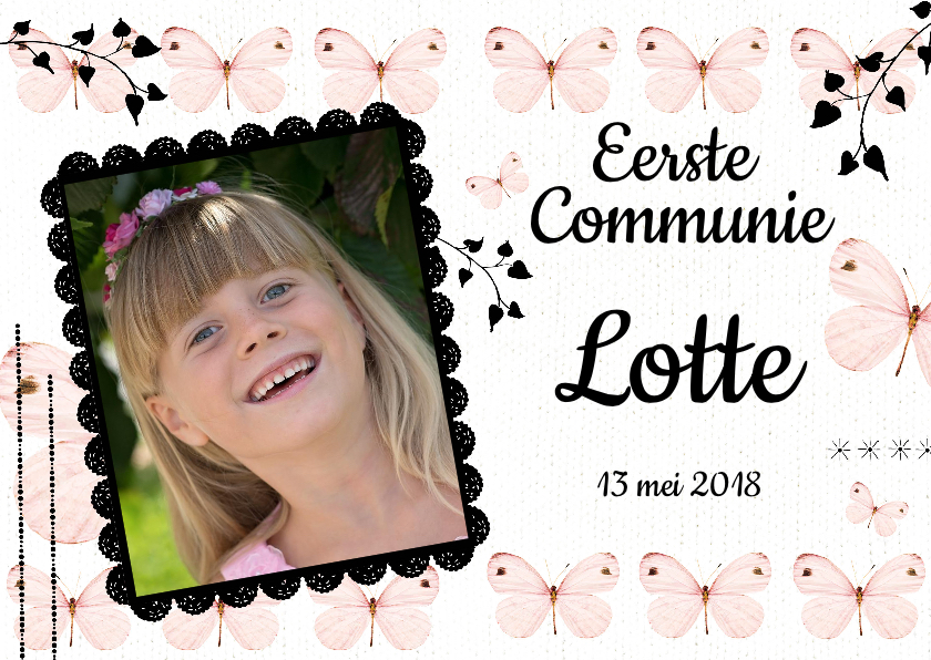 Uitnodiging communie met lieve roze vlinders en eigen foto - Communiekaarten Communiekaarten - Uitnodiging communie met lieve roze vlinders en eigen foto