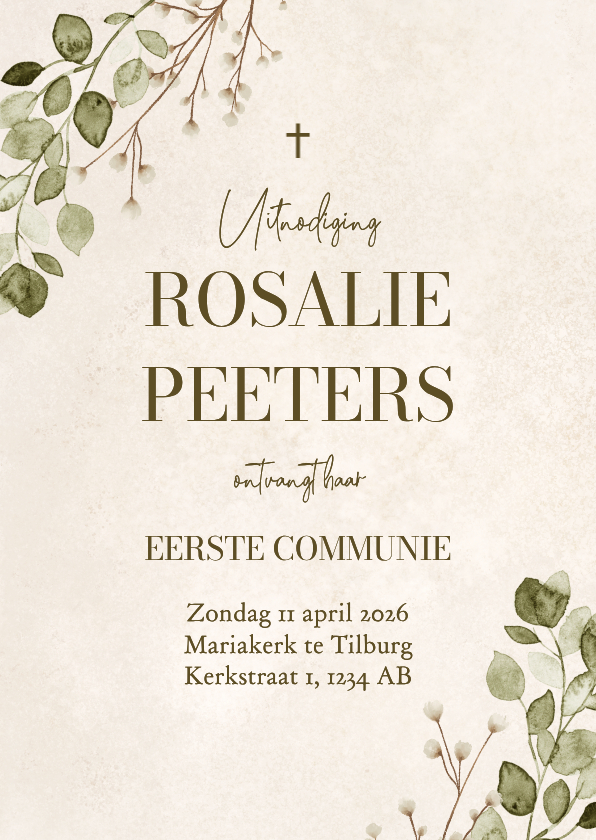 Uitnodiging communie natuurlijk eucalyptus zand klassiek - Communiekaarten Communiekaarten - Uitnodiging communie natuurlijk eucalyptus zand klassiek