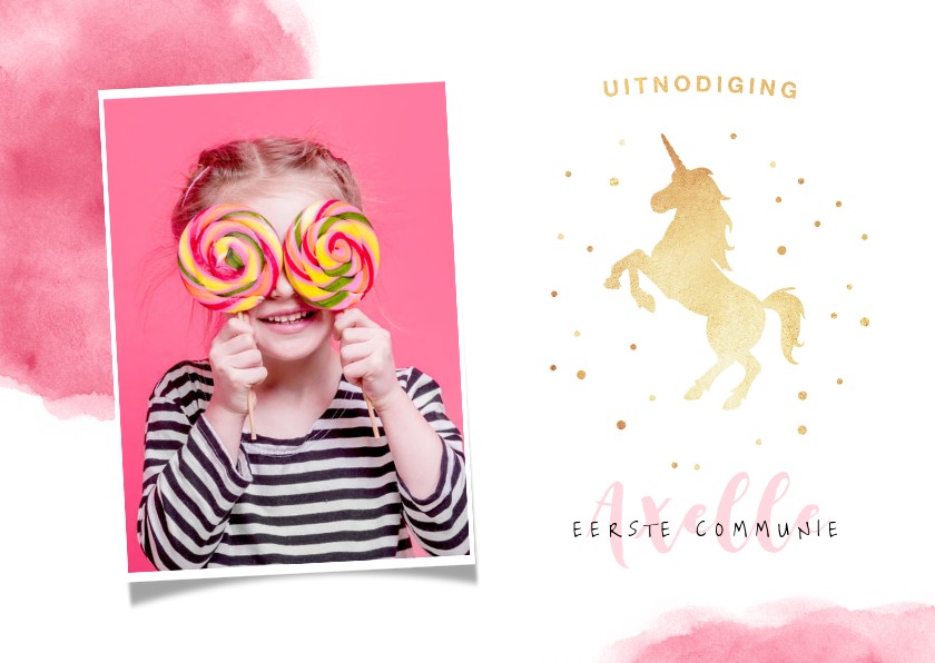 Communiekaarten - Uitnodiging communie of lentefeest unicorn meisje