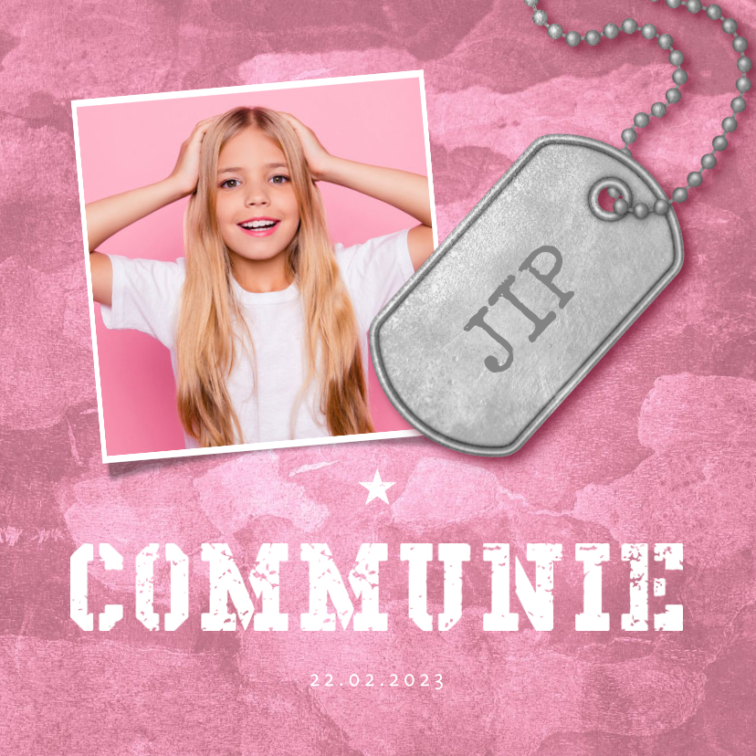 Uitnodiging communie roze stoer met foto en legerplaatje - Communiekaarten Communiekaarten - Uitnodiging communie roze stoer met foto en legerplaatje
