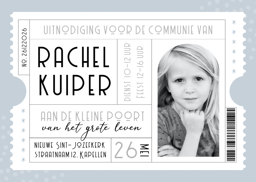 Uitnodiging communie ticket blauw met foto - Communiekaarten Communiekaarten - Uitnodiging communie ticket blauw met foto