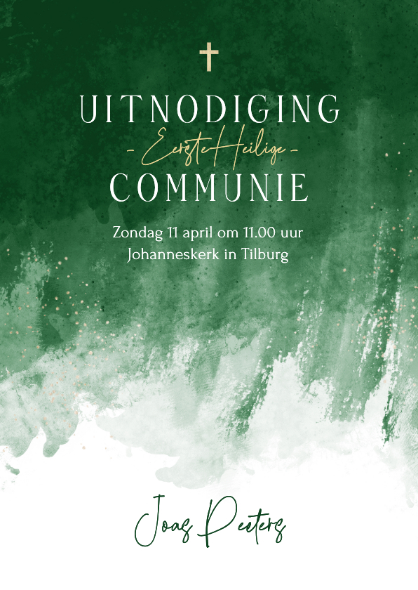 Uitnodiging communie waterverf groen kruisje stijlvol - Communiekaarten Communiekaarten - Uitnodiging communie waterverf groen kruisje stijlvol