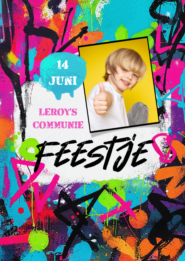 Communiekaarten - Uitnodiging communiefeest graffiti stoer lentefeest