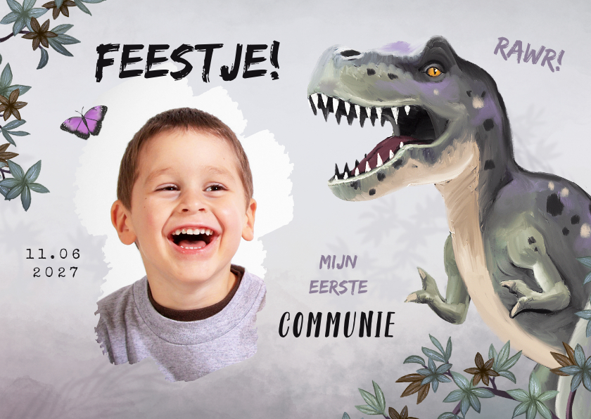 Communiekaarten - Uitnodiging communiefeest jongen t-rex dino jungle