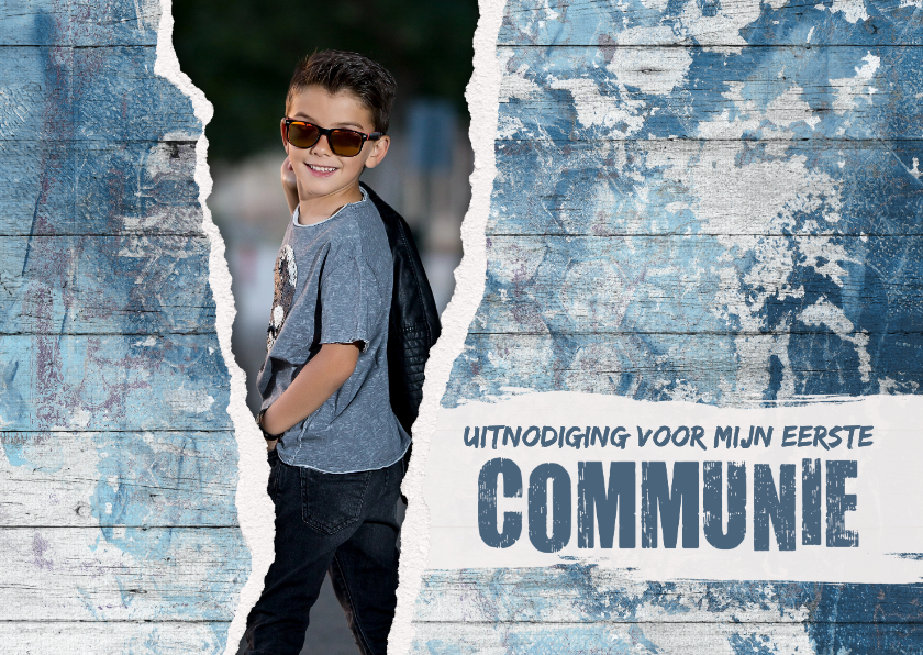 Uitnodiging eerste communie doorkijkje houtlook blauw stoer - Communiekaarten Communiekaarten - Uitnodiging eerste communie doorkijkje houtlook blauw stoer