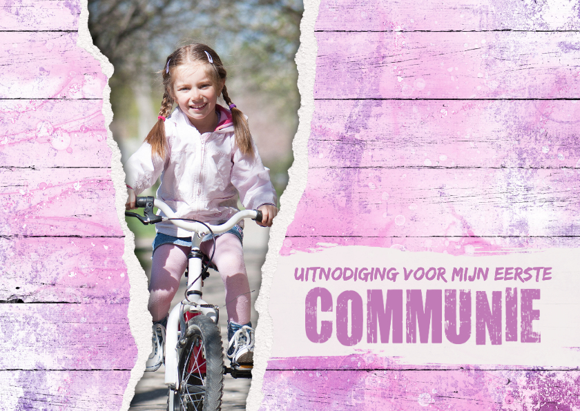 Communiekaarten - Uitnodiging eerste communie houtlook doorkijkje roze stoer