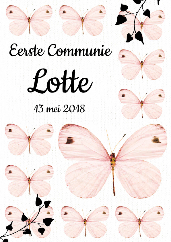 Communiekaarten - Uitnodiging Eerste Communie met lieve roze vlinders