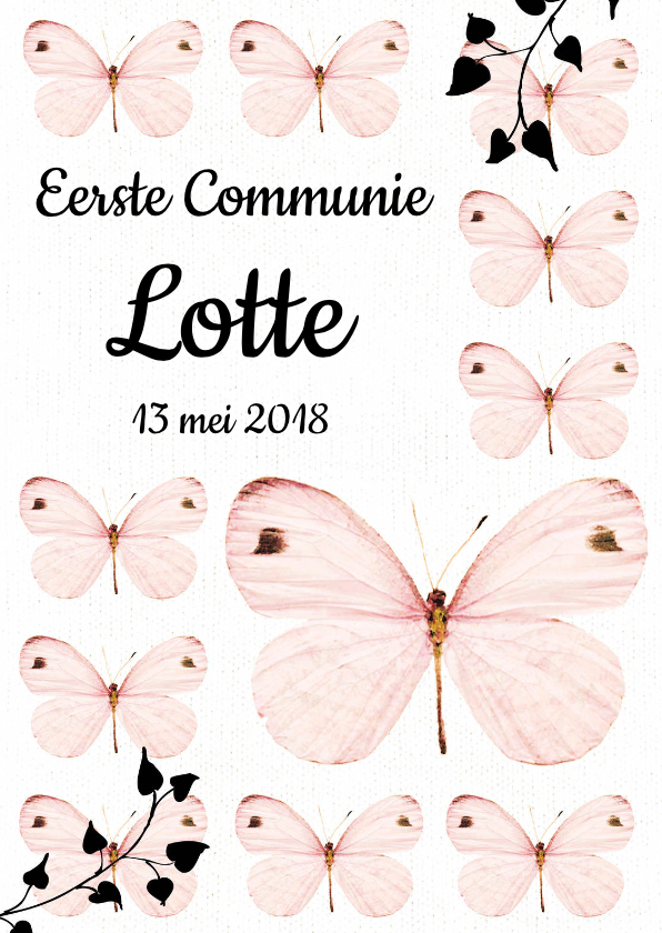 Uitnodiging Eerste Communie met lieve roze vlinders - Communiekaarten Communiekaarten - Uitnodiging Eerste Communie met lieve roze vlinders