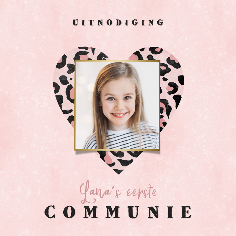 Communiekaarten - Uitnodiging eerste communie panterprint hart roze waterverf