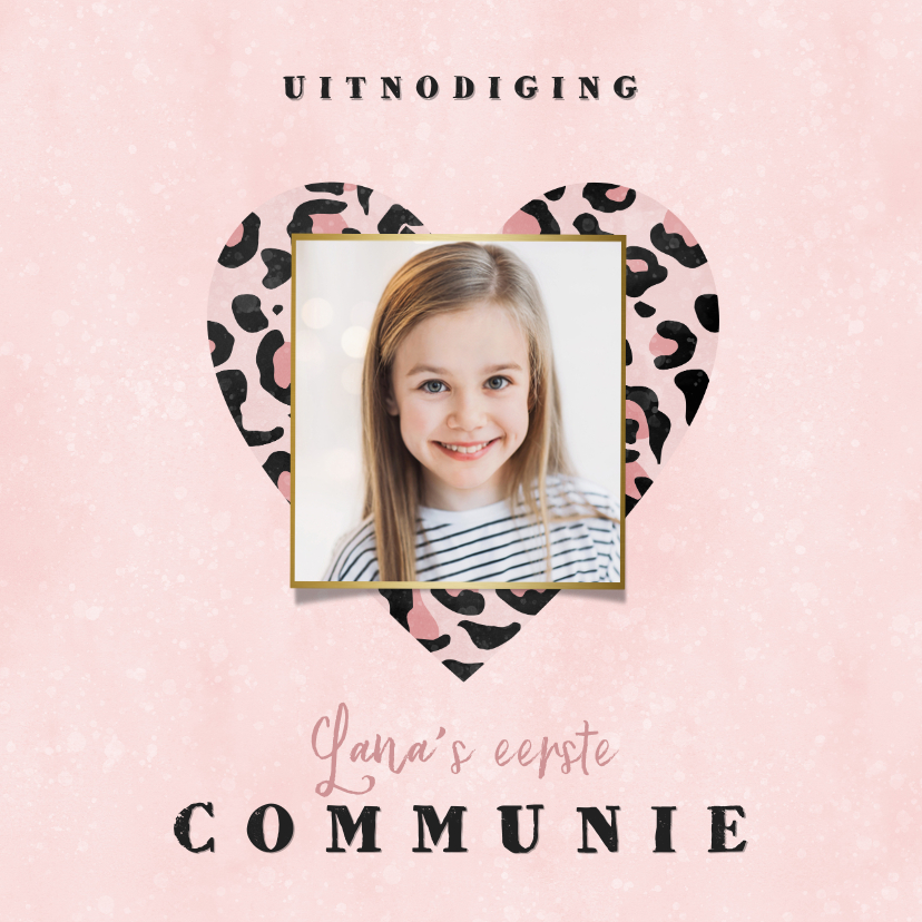 Uitnodiging eerste communie panterprint hart roze waterverf - Communiekaarten Communiekaarten - Uitnodiging eerste communie panterprint hart roze waterverf
