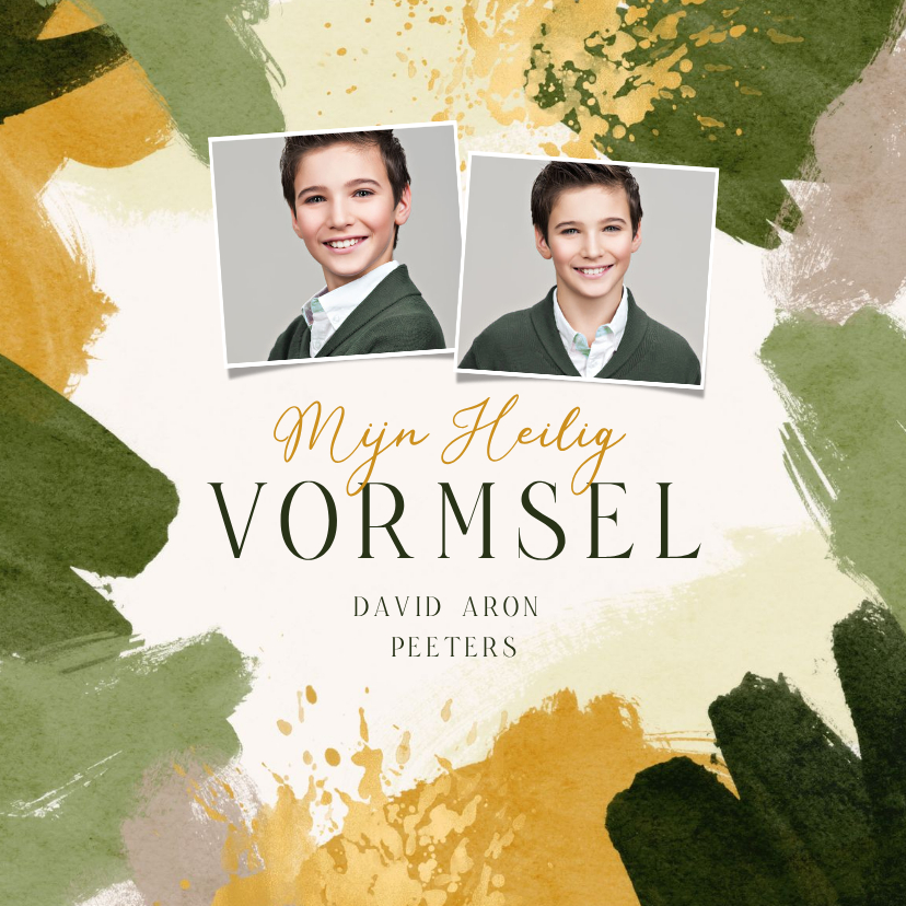 Communiekaarten - Uitnodiging goud groen waterverf heilig vormsel 