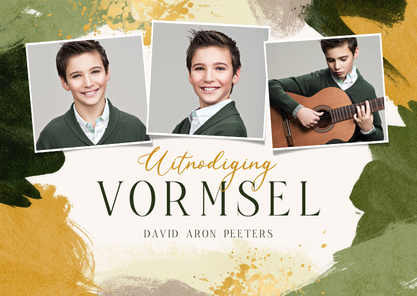 Uitnodiging heilig vormsel waterverf goud groen fotocollage - Communiekaarten Communiekaarten - Uitnodiging heilig vormsel waterverf goud groen fotocollage