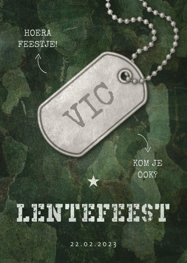 Uitnodiging lentefeest army stoer met legerplaatje - Communiekaarten Communiekaarten - Uitnodiging lentefeest army stoer met legerplaatje