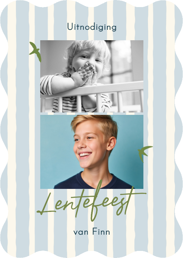 Communiekaarten - Uitnodiging lentefeest blauwe streep groene vogeltjes