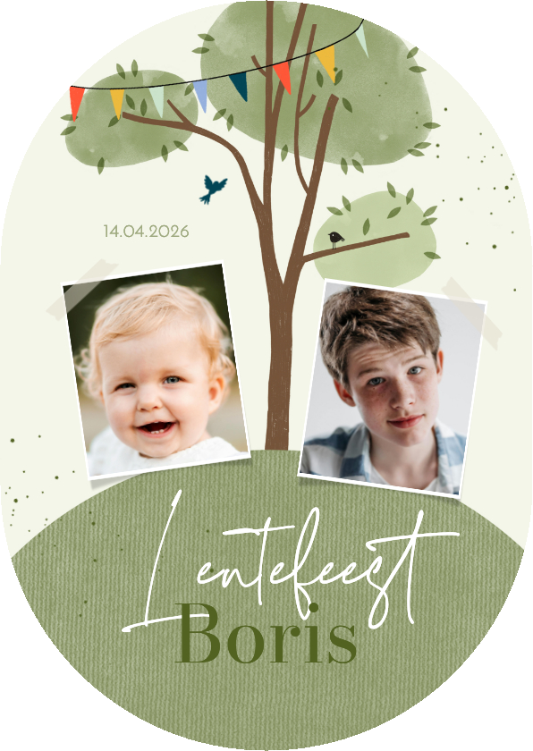 Communiekaarten - Uitnodiging lentefeest boom en aardbol met 2 foto's