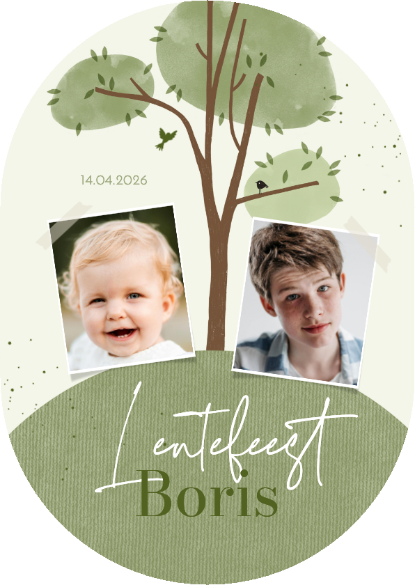 Communiekaarten - Uitnodiging lentefeest boom en aardbol met 2 foto's