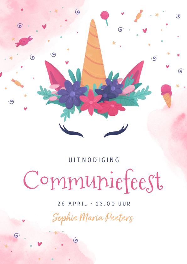 Communiekaarten - Uitnodiging lentefeest communie eenhoorn roze magisch snoep