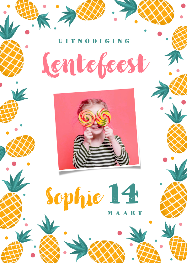 Uitnodiging lentefeest communie meisje ananas confetti - Communiekaarten Communiekaarten - Uitnodiging lentefeest communie meisje ananas confetti