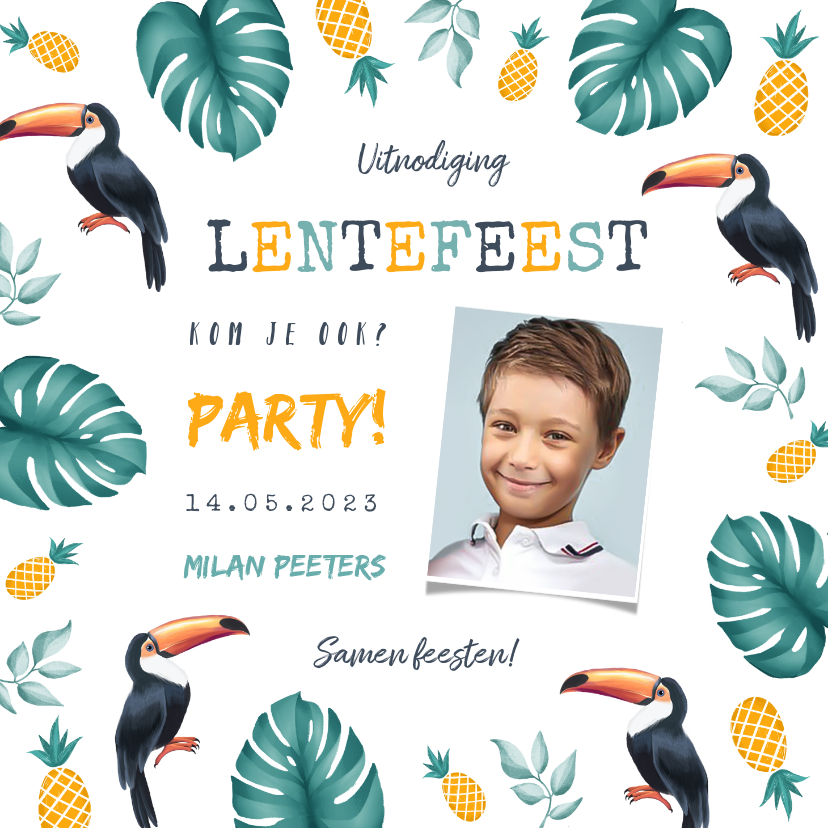 Uitnodiging lentefeest jongen tropical ananas toekan - Communiekaarten Communiekaarten - Uitnodiging lentefeest jongen tropical ananas toekan