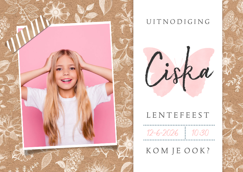Communiekaarten - Uitnodiging lentefeest met bloemen, vlinder en foto