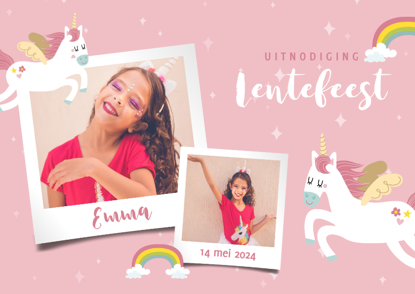 Uitnodiging lentefeest met eenhoorns, regenbogen en foto's - Communiekaarten Communiekaarten - Uitnodiging lentefeest met eenhoorns, regenbogen en foto's