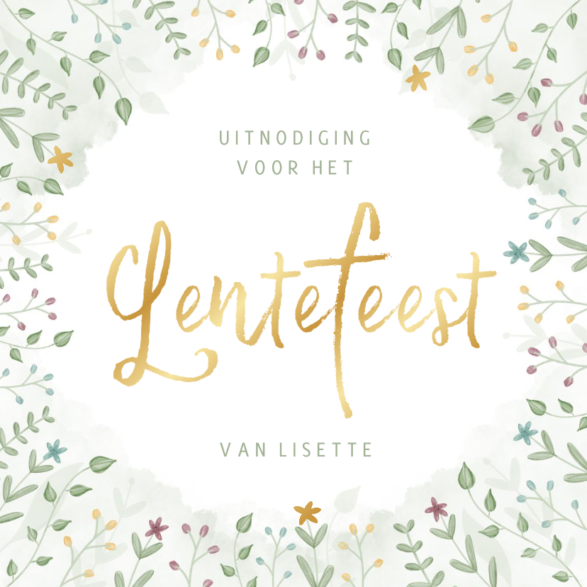 Communiekaarten - Uitnodiging lentefeest met takjes en bloemetjes goudfolie