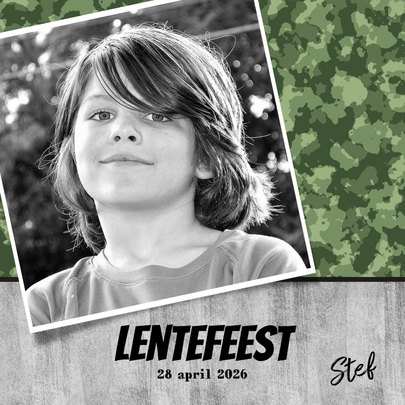 Communiekaarten - Uitnodiging lentefeest of communie stoere legerprint