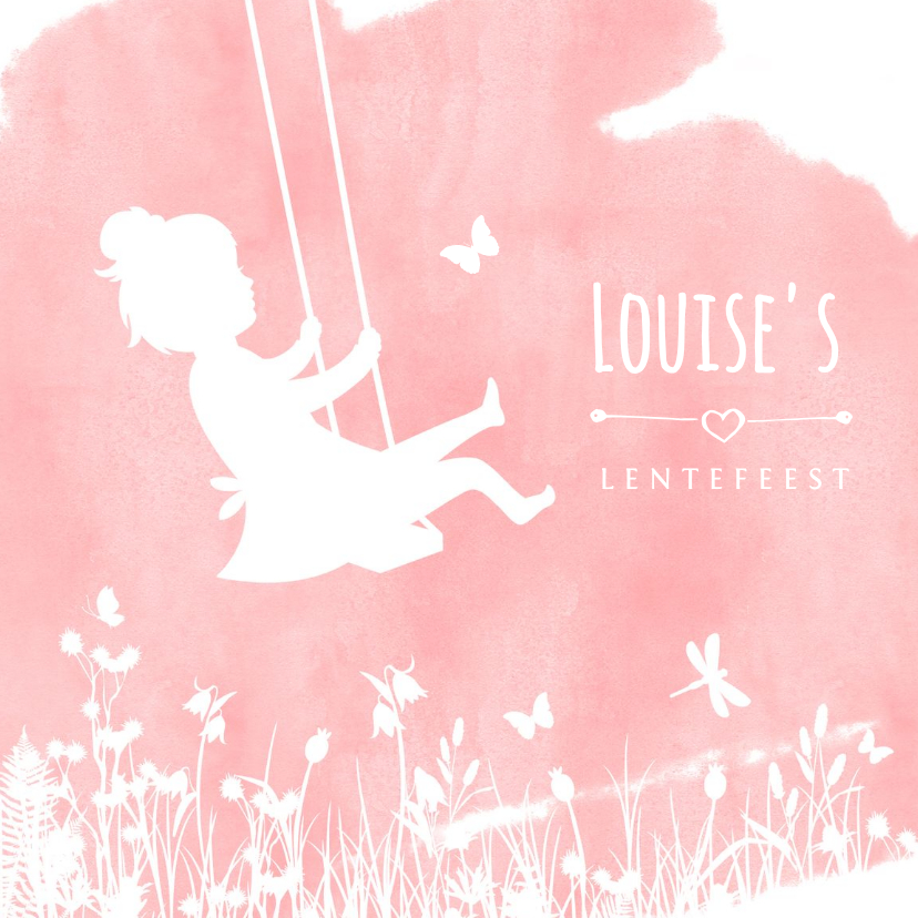 Uitnodiging lentefeest silhouet meisje op schommel waterverf - Communiekaarten Communiekaarten - Uitnodiging lentefeest silhouet meisje op schommel waterverf