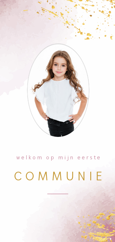 Uitnodiging voor communie met roze waterverf en goudspetters - Communiekaarten Communiekaarten - Uitnodiging voor communie met roze waterverf en goudspetters