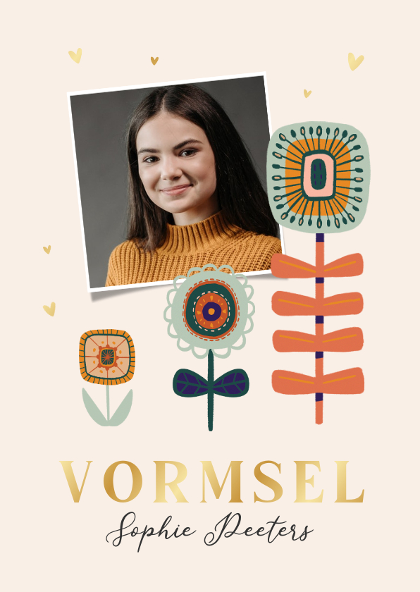 Uitnodiging vormsel bloemen hartjes goud foto - Communiekaarten Communiekaarten - Uitnodiging vormsel bloemen hartjes goud foto