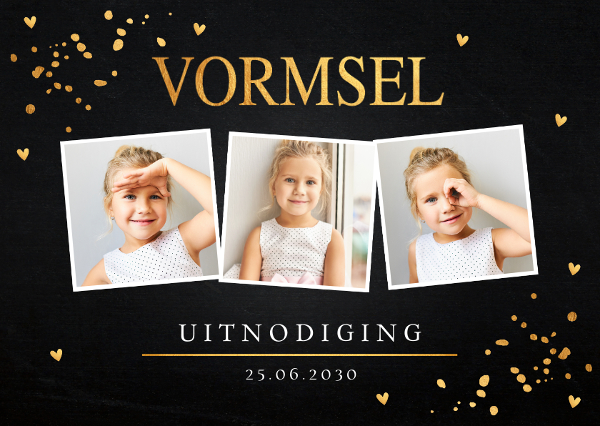 Communiekaarten - Uitnodiging Vormsel fotocollage goudlook confetti