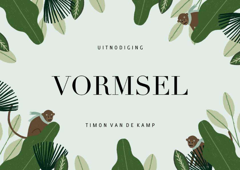 Communiekaarten - Uitnodiging Vormsel hip met jungle planten en aapjes