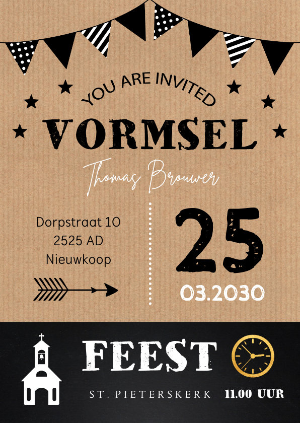 Uitnodiging Vormsel kraft slinger typografie - Communiekaarten Communiekaarten - Uitnodiging Vormsel kraft slinger typografie