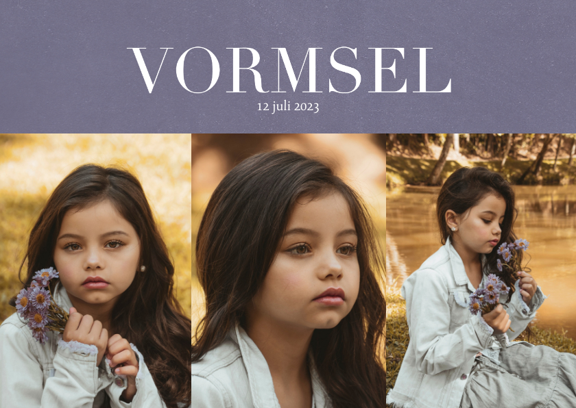Uitnodiging Vormsel met fotocollage en klassieke letters - Communiekaarten Communiekaarten - Uitnodiging Vormsel met fotocollage en klassieke letters