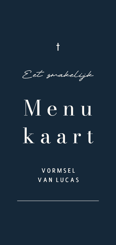 Communiekaarten - Vormsel stijlvolle menukaart donkerblauw met streep