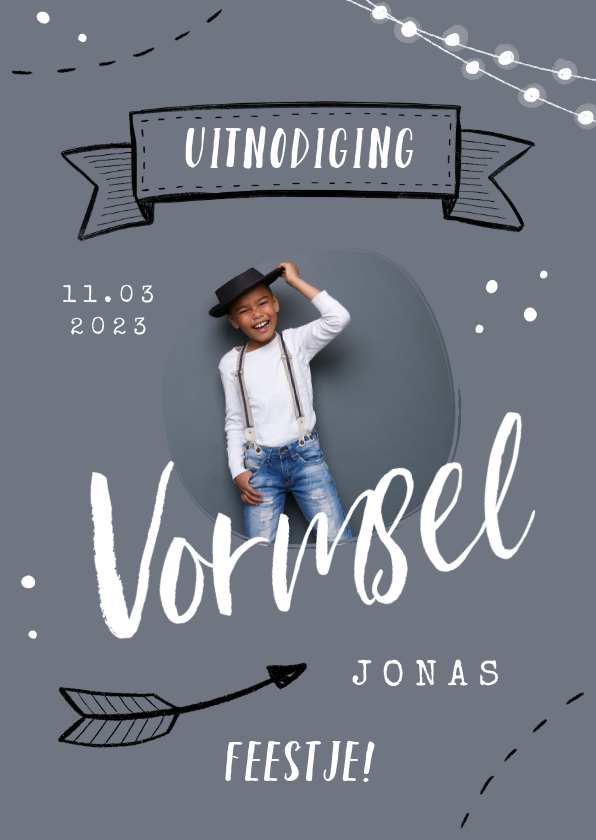 Vormsel uitnodiging jongen doodle illustraties slingers - Communiekaarten Communiekaarten - Vormsel uitnodiging jongen doodle illustraties slingers