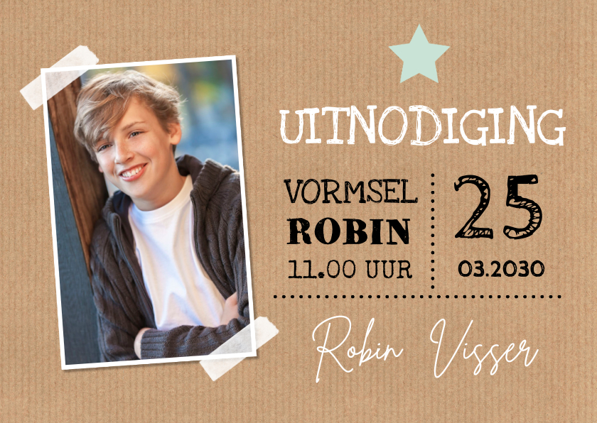 Vormsel uitnodiging kraft foto typografie - Communiekaarten Communiekaarten - Vormsel uitnodiging kraft foto typografie