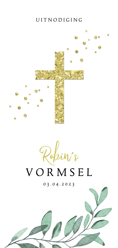 Vormsel uitnodiging kruis goud blaadje waterverf - Communiekaarten Communiekaarten - Vormsel uitnodiging kruis goud blaadje waterverf