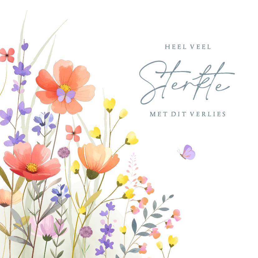 Condoleancekaarten - Aquarel condoleance met gemengde wilde bloemen en vlinders