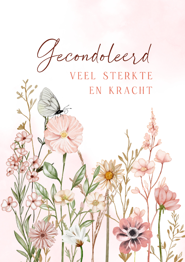 Condoleancekaarten - Condoleancekaart bloemen in pastel met vlinder
