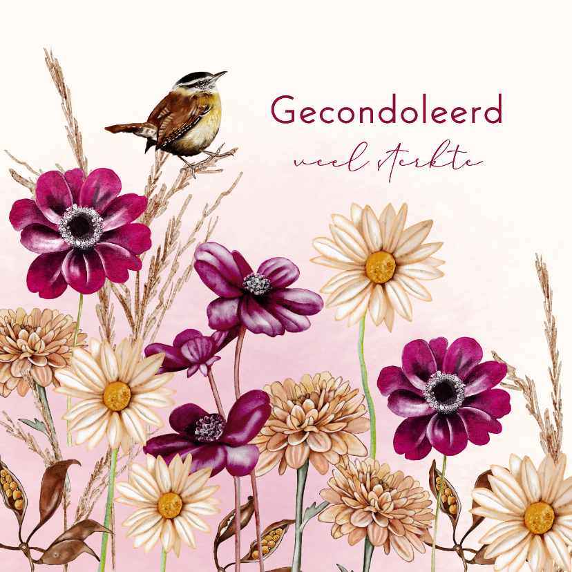 Condoleancekaarten - Condoleancekaart bloemen met vogeltje